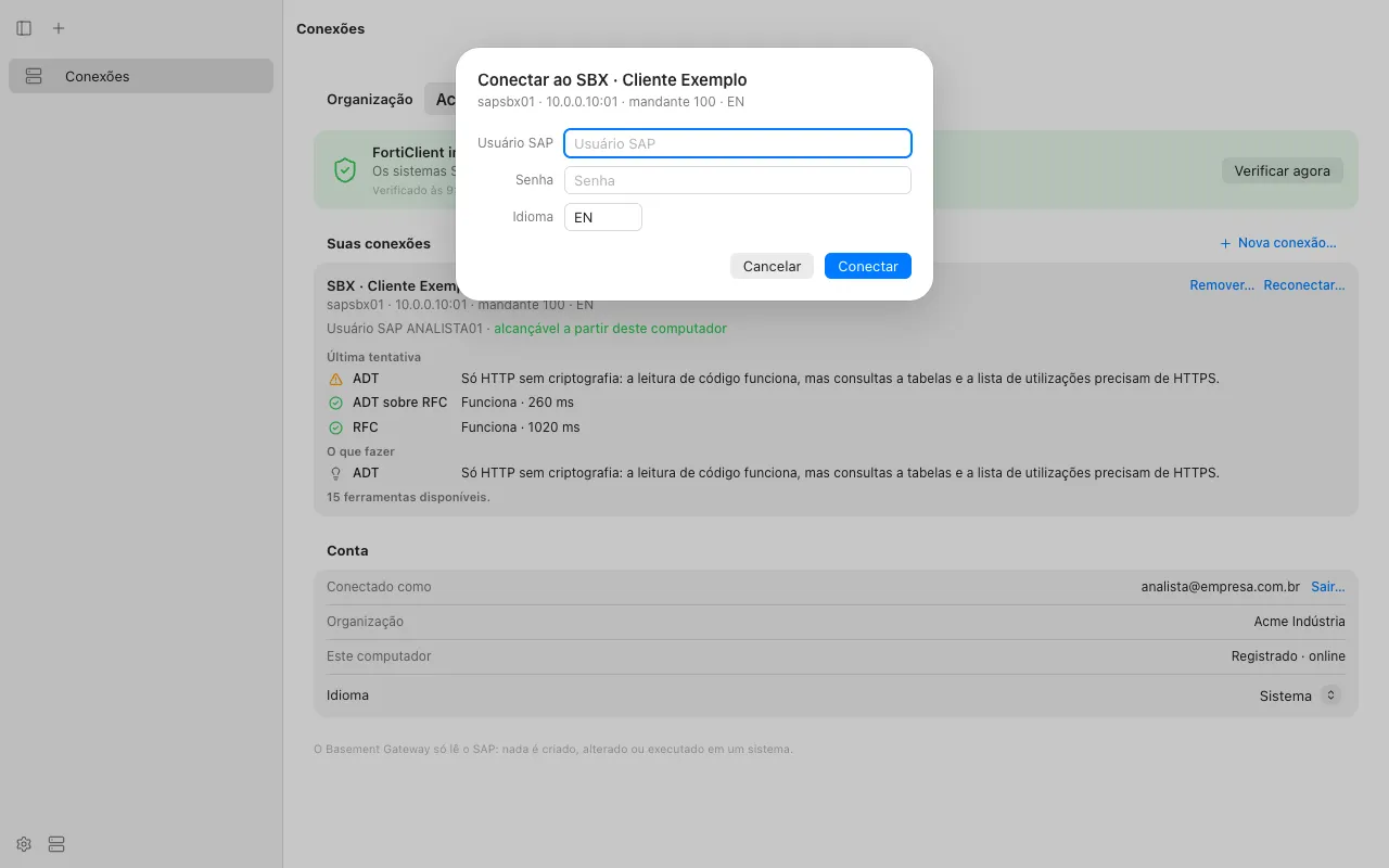 The Connect sheet: SAP user and password