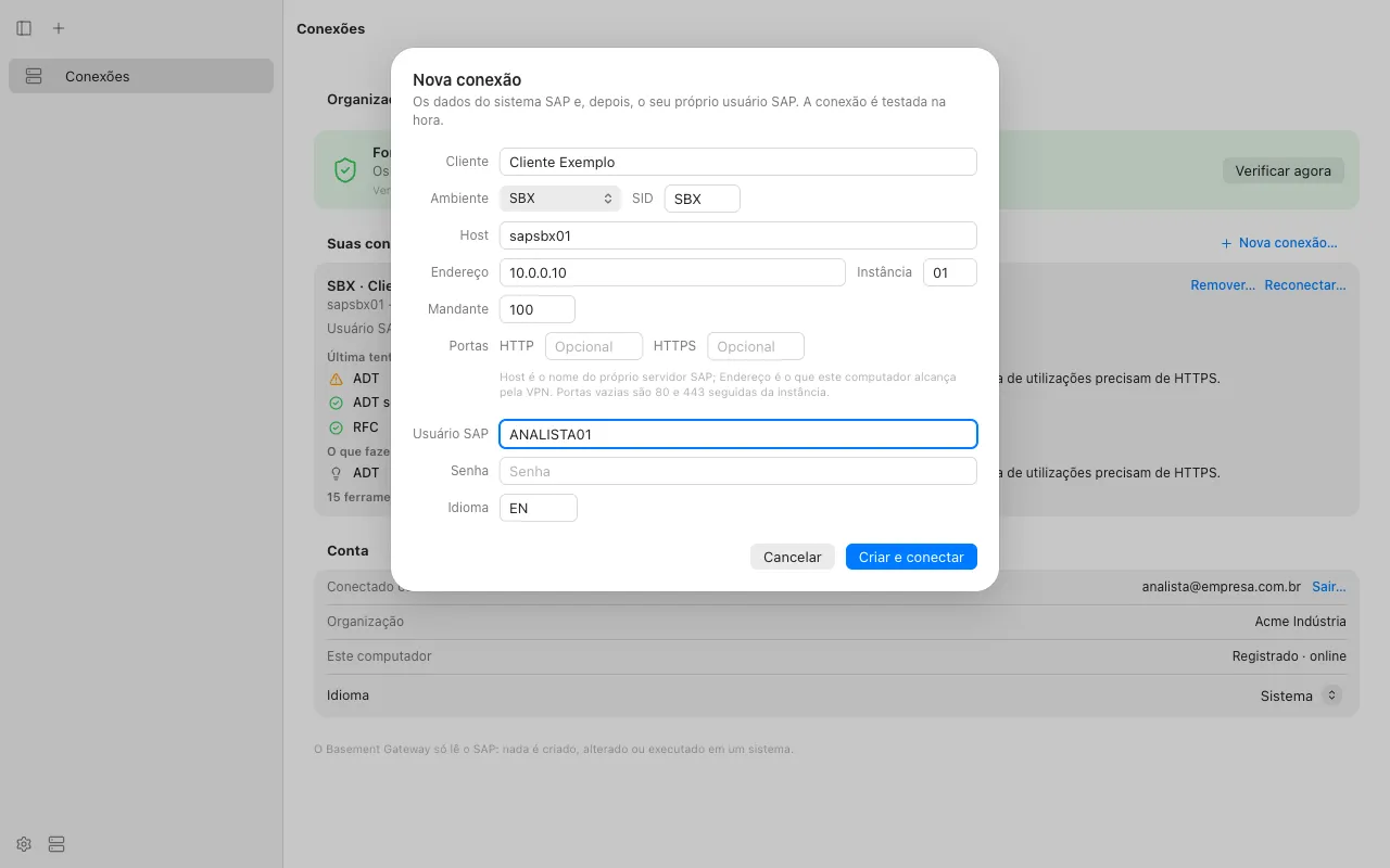 The New connection sheet with an example system